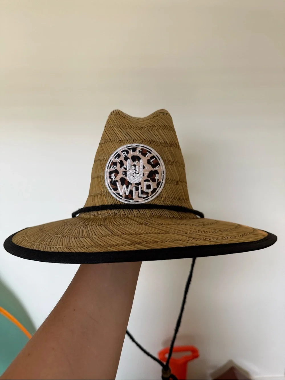 STRICTLY WILD Straw Wide-Brim Hat with 'Wild' Patch - Natural Tan & Black